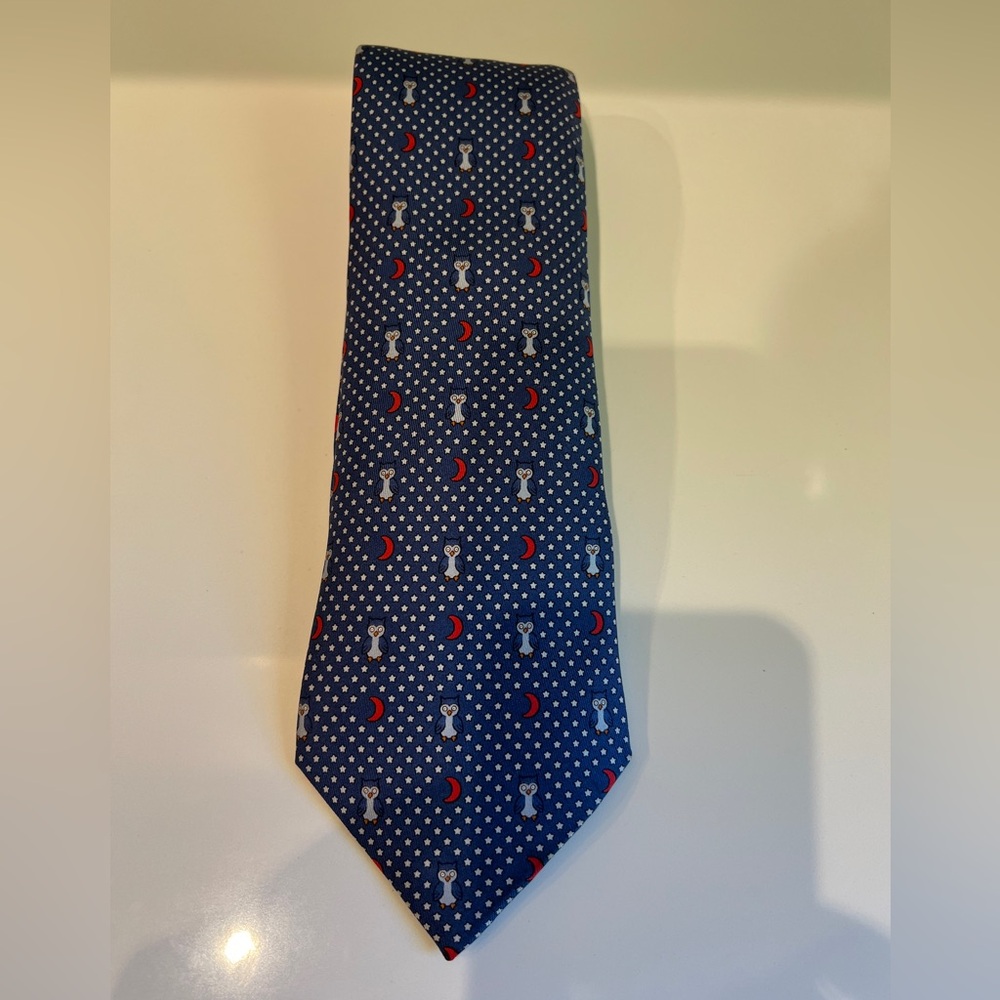Hermes Blue Owl Patterned Silk Tie